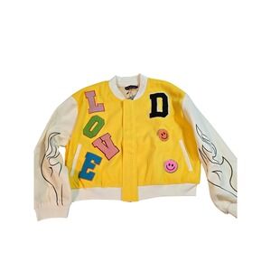 Denim Love Kids Yellow Letter Patches Smiley Face Flames Bomber Jacket Size M